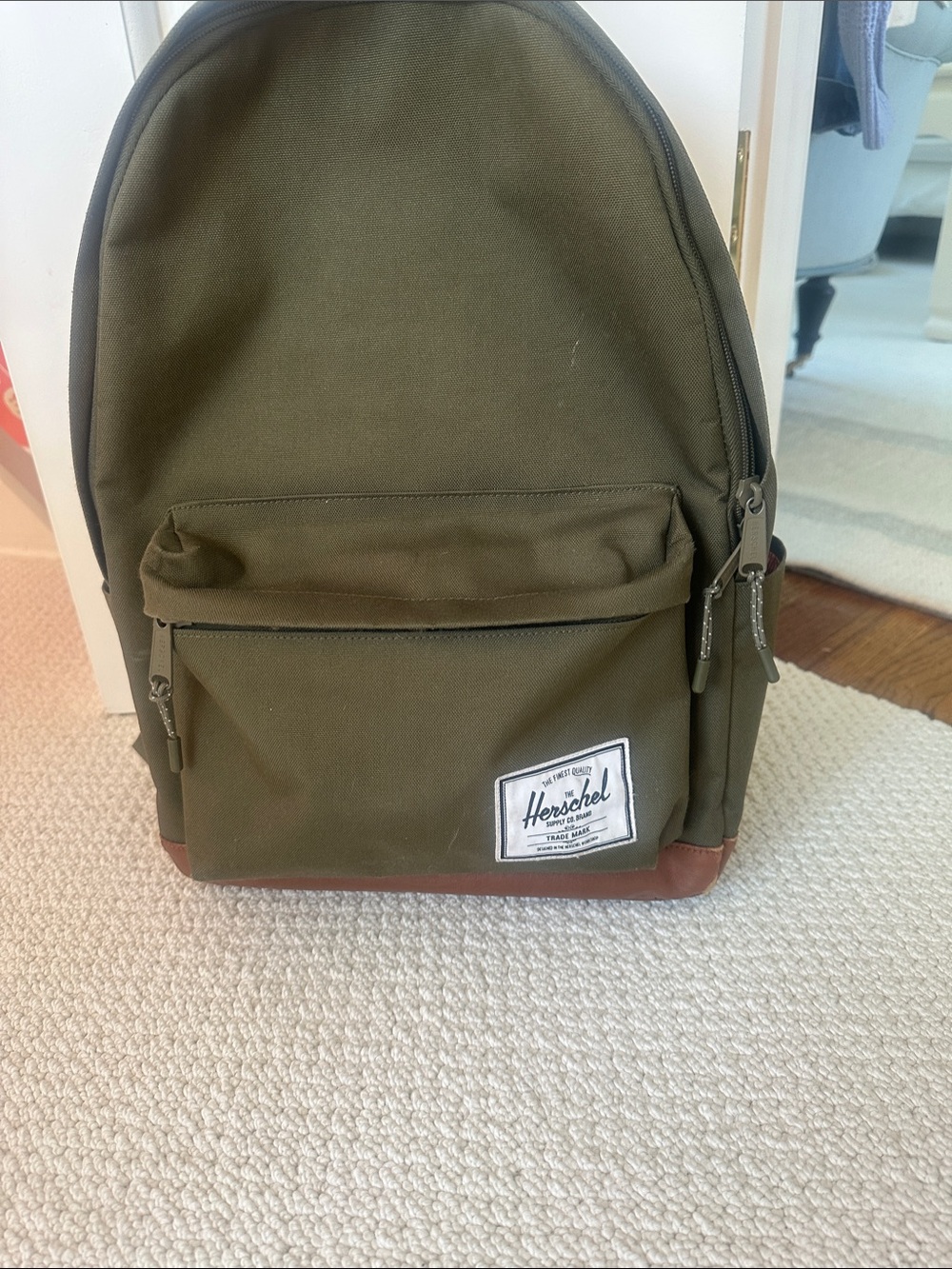 Herschel Kids Olive Green Backpack with Leather Trim - Classic Front Pocket